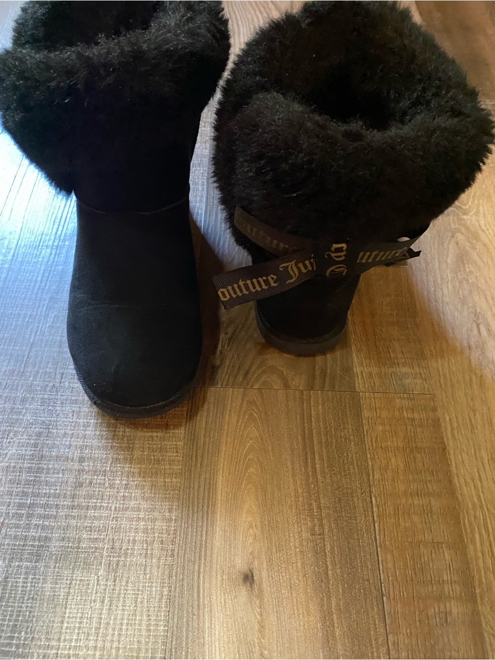 Juicy Couture Black Faux-Fur Cuff Ankle Boots with Branded Bow